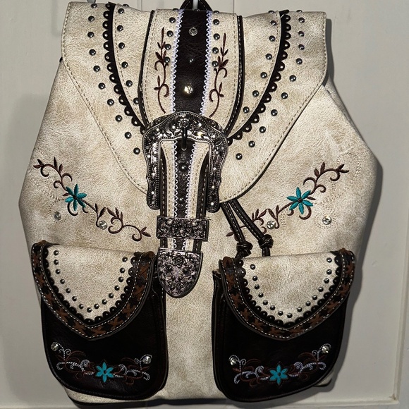 Leather Embroidered Cream and Brown Women\'s Backpack main image 9